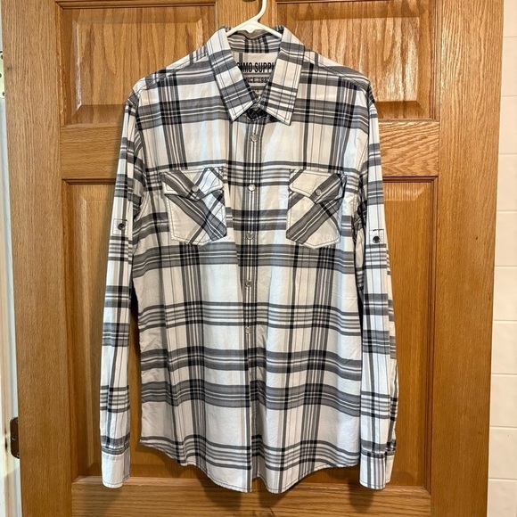 Mossimo Supply Co. Other - Mossimo Supply Co Long-Sleeve Plaid Shirt Roll Tabs White Pearl Snaps Men’s XL
